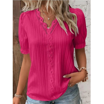 Women's Summer New Top Solid Sexy V-Neck Hollow Short Sleeve Shirt Fashion Splice Plus Size Blouse Loose Street Apparel