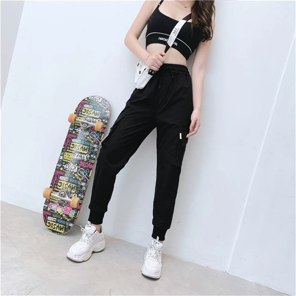 Black Cargo Pants Women Casual Joggers High Waist Loose Female Hip Hop Trousers Korean Punk Pants Funny Capri Streetwear Femme