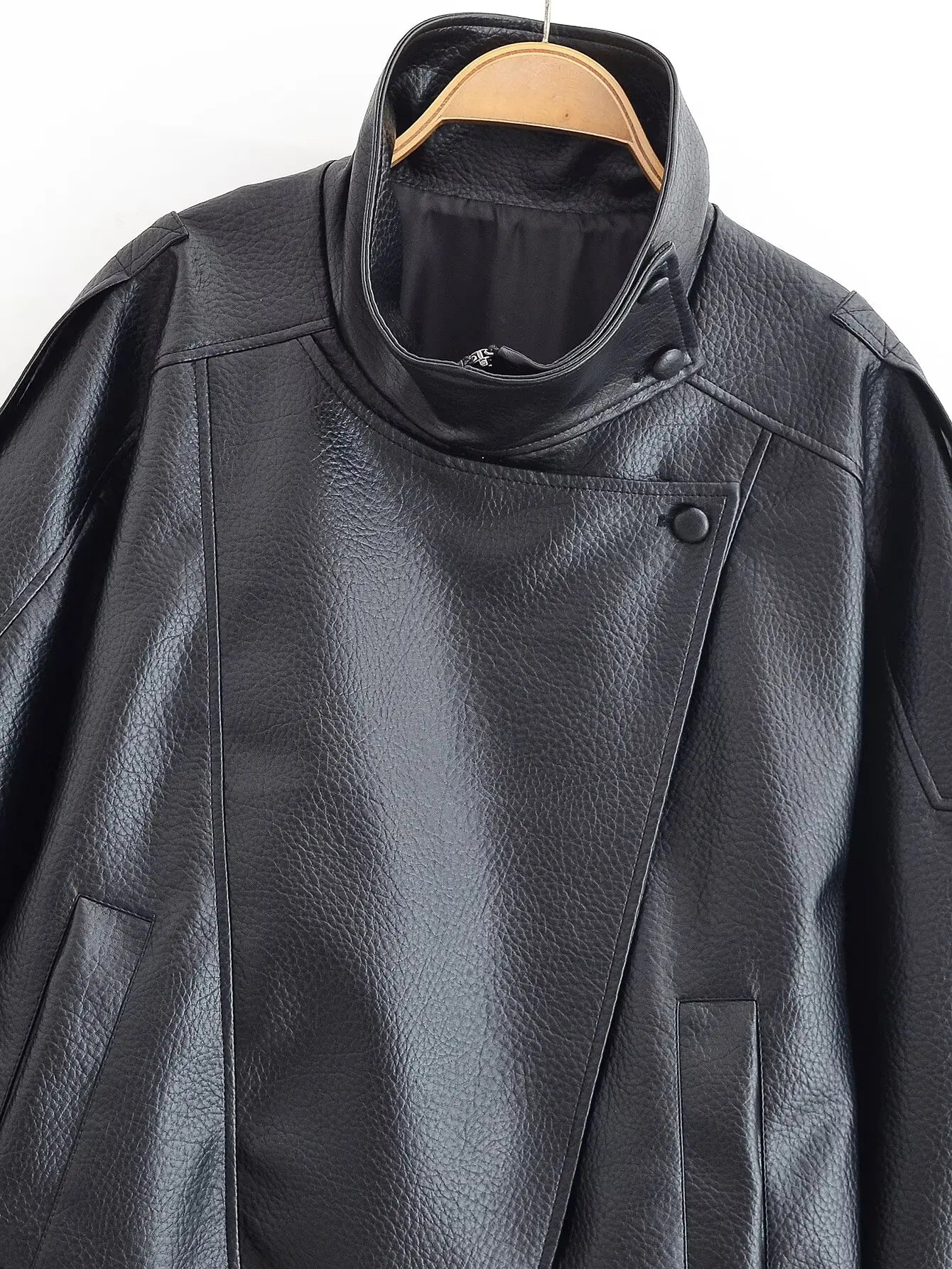 Women Autumn Jackets – Black Zipper Jacket With Asymmetric Button & Turtleneck Collar