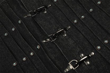 Mens Jacket Punk Vintage Streetwear Black Denim Short Coat Metal Buckle Studded Design Pleated Detail Retro Cool Hip Hop Fashion
