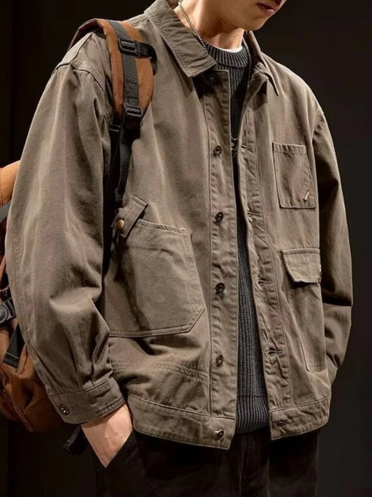 Retro Korean Sle Men's Denim Jaet Casual Spring Autumn Faionable Long Sve Workwear Coat with kets for Middle Youth