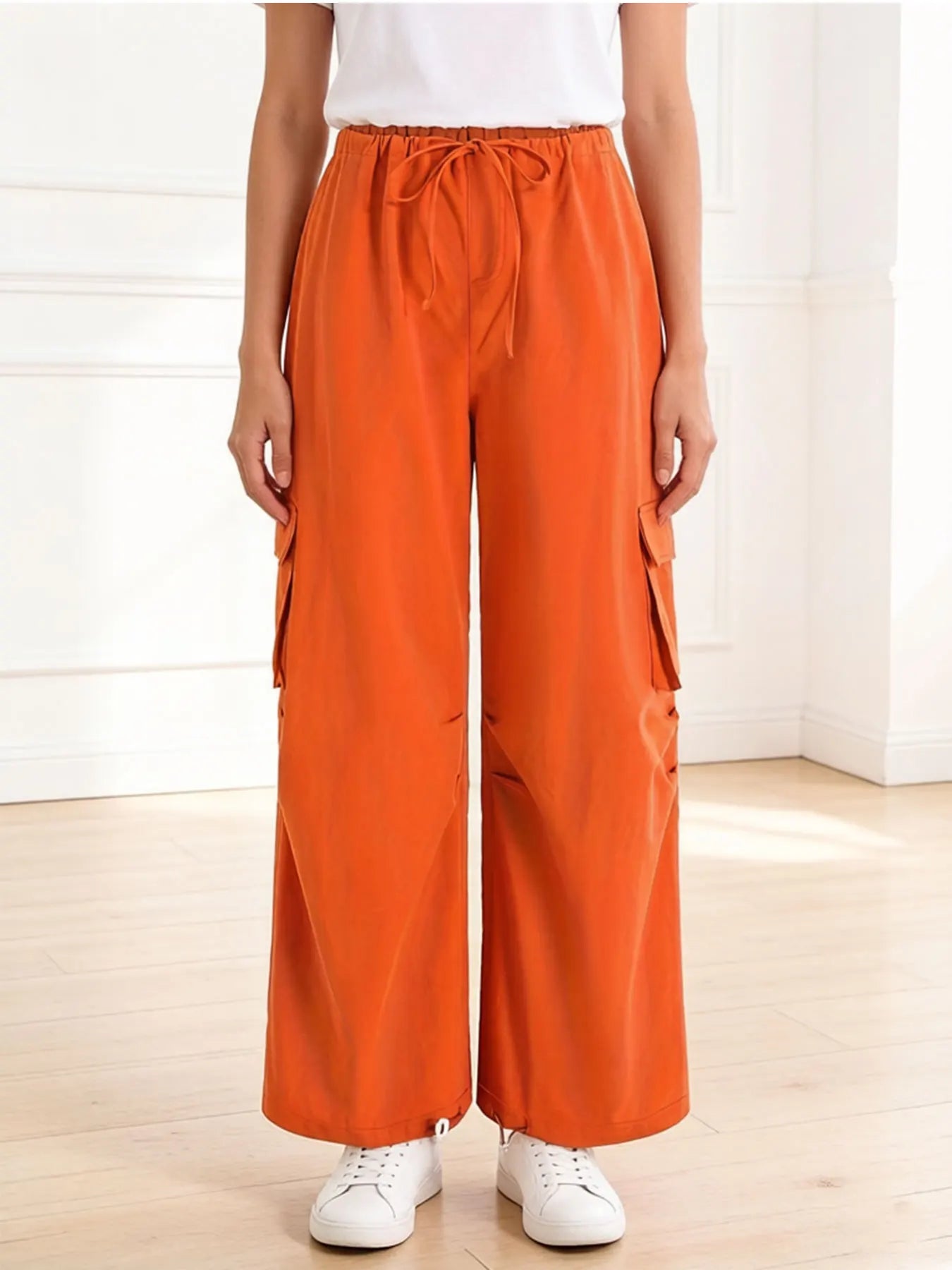 Women's Orange Cargo Wide Leg Pants Casual Loose High Waisted Drawstring Trousers with Pockets for Streetwear Summer Daily Wear