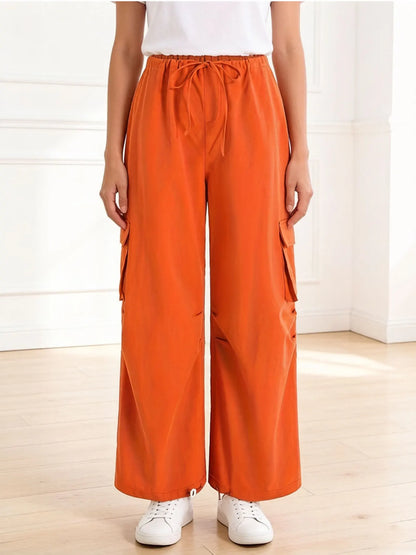 Women's Orange Cargo Wide Leg Pants Casual Loose High Waisted Drawstring Trousers with Pockets for Streetwear Summer Daily Wear