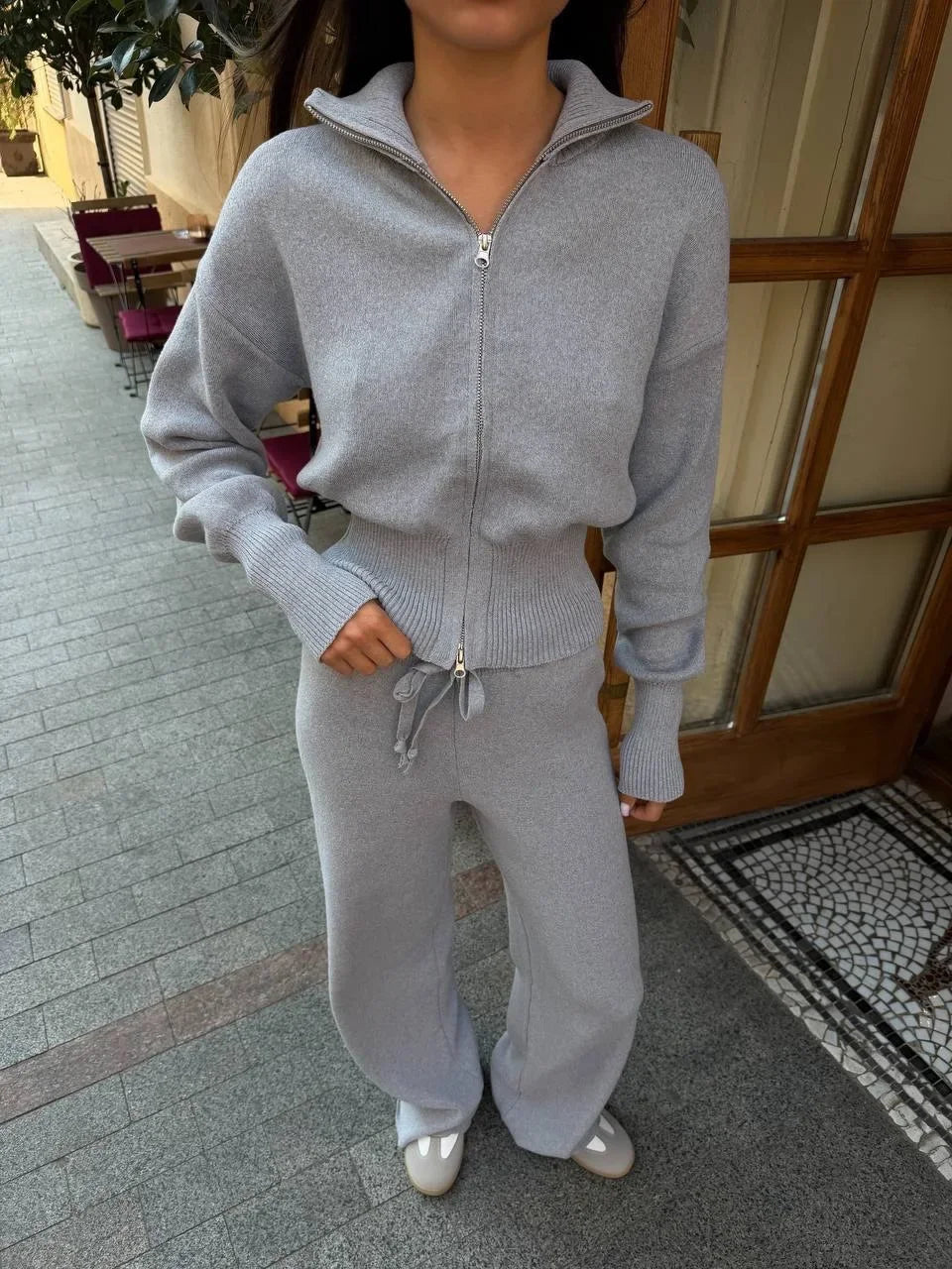 Solid Color Zipper Waist Cinching Casual Set Knitted Top Drawstring Straight Leg Pants 2-piece Sets 2026 Autumn Lady Daily Wear