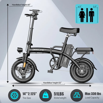 500W Electric Bicycles Ebike E-Bike For Adults, 3-Riding Modes, 14' Foldable Ebike, With Charger And Battery, MAX Speed 19.9 MPH, Dual Disc Brakes, With A Basket And Lock, Durable And Lightweight Frame, All-Terrain Foldable E