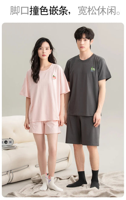 Couple Pajamas Set Summer Short-Sleeved Sleepwear 100% Cotton Men and Women Pyjamas