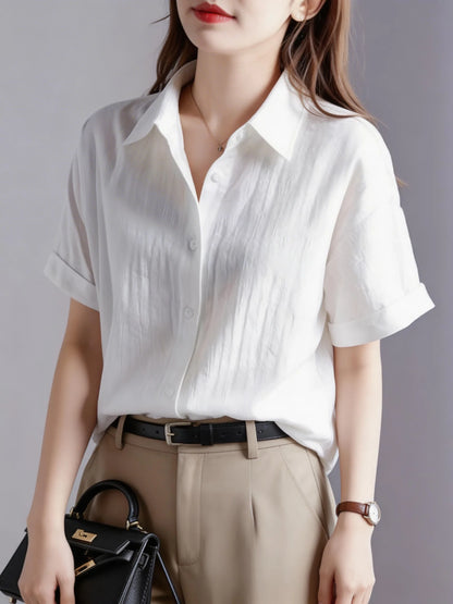 Women's Casual White Blouse, Short Sleeve V-Neck Shirt, Business Office Workwear, Breathable Textured Blouse