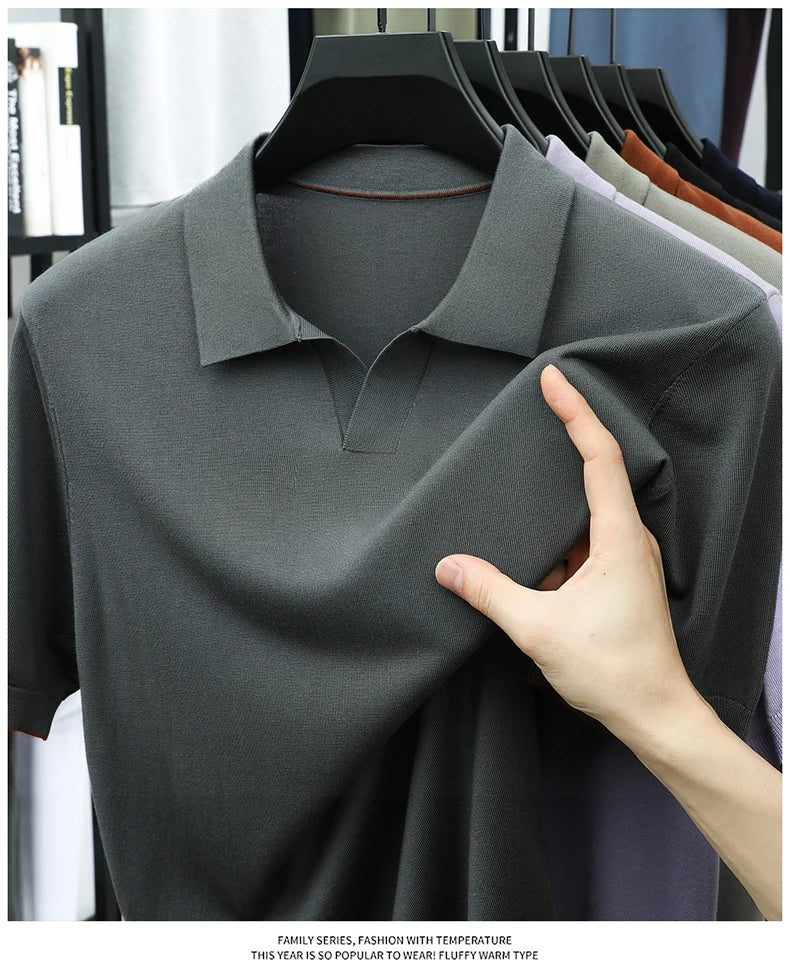 100%  Lyocell Knitwear 2025 Men Spring Summer Trendy Turn Down Collar Knit Tees Short Sleeve Breathable Knit Tops