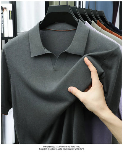 100%  Lyocell Knitwear 2025 Men Spring Summer Trendy Turn Down Collar Knit Tees Short Sleeve Breathable Knit Tops