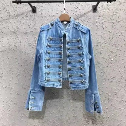 Streetwear Casual Loose Button Split Short Denim Jacket Women Fashion Spring Autumn 2026 Stand Collar Long Sleeve Jean Jacket
