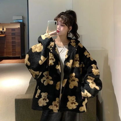 Autumn Winter Women Hooded Thickened Casual Sweatshirt Cartoon Bear Print Zipper Pocket Plush Unisex Fleece Jacket