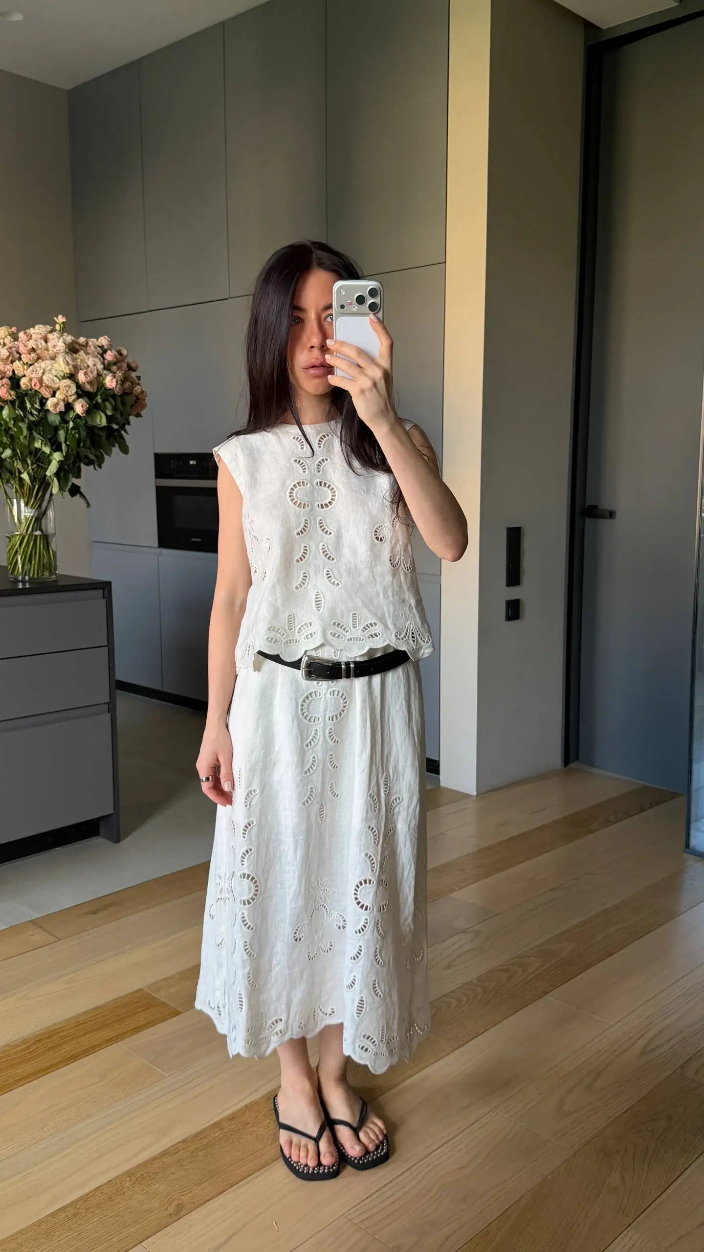 FSLE【Premium Series】Summer Women Linen Two Piece Set Cut-Out Embroidered Sleeveless Top Midi Skirt Boho Beach Vacation Style