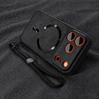 Luxury Orange Fabric Magnetic Phone Case For iPhone 17 Air 16 15 14 13 Pro Max Shockproof Protective Cover With Hand Lanyard