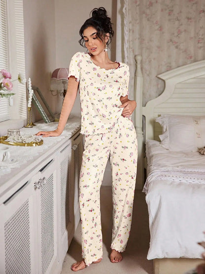 New European and American style loose-fitting women's pajamas, floral short-sleeved long pants home wear, casual two-piece set s