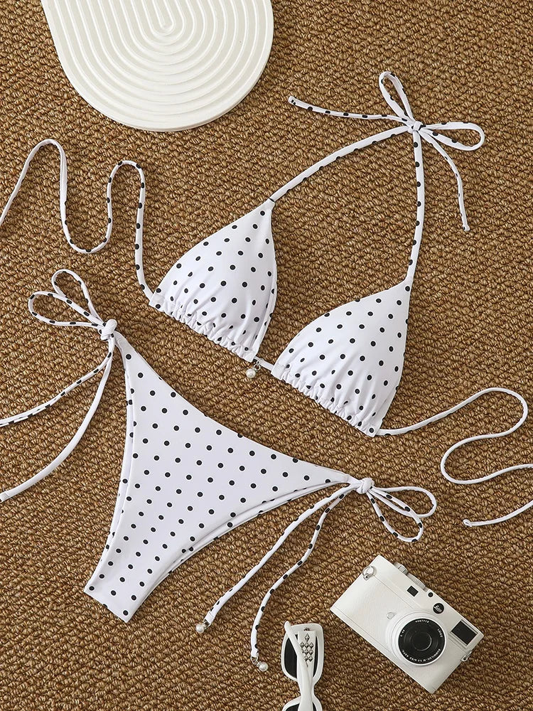 Micro Bikinis Set - Women's Swimwear Dot Print Halter Neck Lace Up Bikini