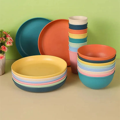 Eco-Friendly Wheat Straw Dinnerware Set - 4pcs Plates Cups Bowls for Home  Outdoor Use