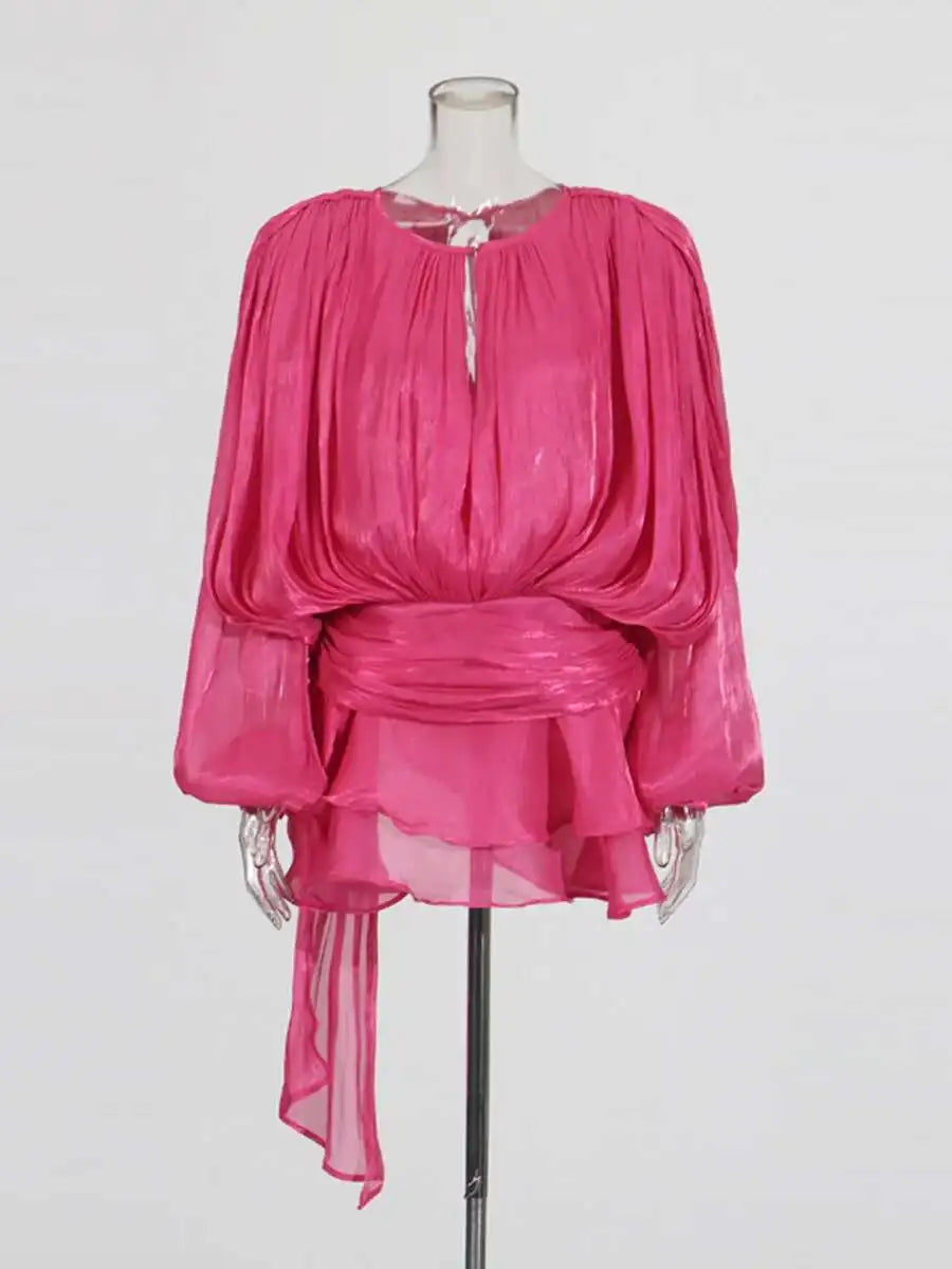 Mini Blouse Dress - Women's V Neck Long Sleeve Lace Up Sweet Style Above Knee
