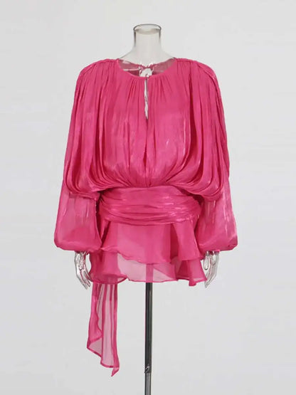 Mini Blouse Dress - Women's V Neck Long Sleeve Lace Up Sweet Style Above Knee
