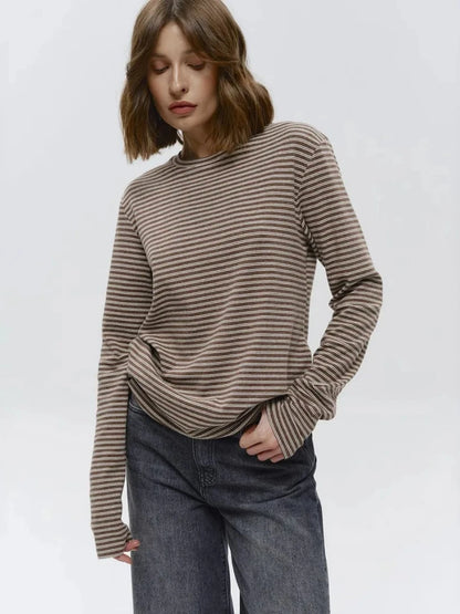 Bornladies Autumn New Fashion Women Cotton Striped Long Sleeve T Shirt Office Casual Simple Round Neck Pullover Tops & Tees