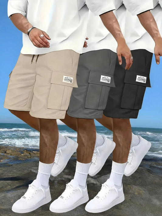 Men's Work Shorts - Multi-Pocket Cargo, Elastic Waistband, Breathable Polyester