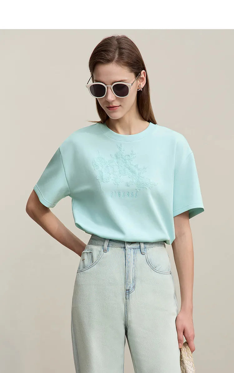 Amii Women's T-Shirt 2026 Summer New Round Neck Drop Shoulder Cotton Tee Lace Embroidered Woman Loose Fit knit Tops 12622048