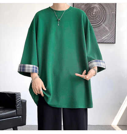 men t shirts Summer Men's T-shirts Women Oversized 2XL Korean Style Loose Plaid T-shirt Casual Seven sleeves T-Shirt Male White