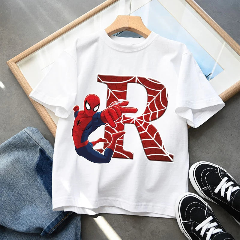2026  New Children's Spider Man Cartoon Letter Printed T-shirt Cotton T-shirt Boys' Short Sleeved Top Children's Clothing