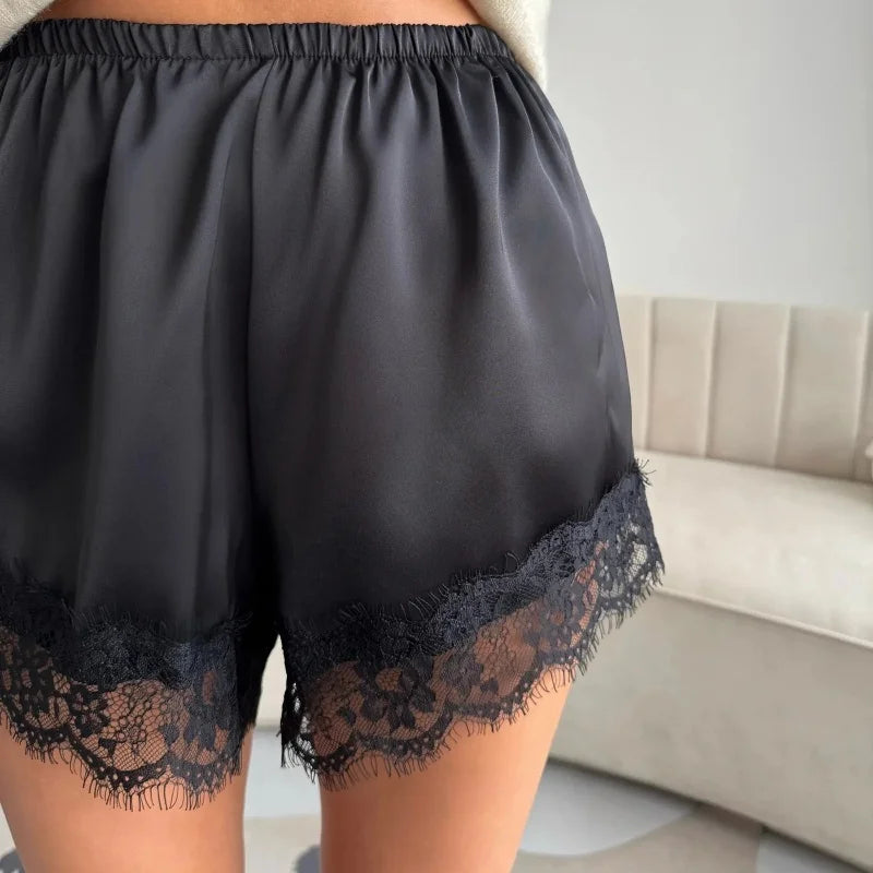 Women's Satin Sleep Shorts – Heart-Print Lace Lounge Shorts