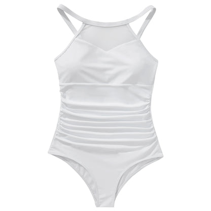 XL Size One Piece Swimsuit Women Mesh Hollow Out Swimwear For Women Solid Padded Push Up Plus Size Summer Bathing Suits Female