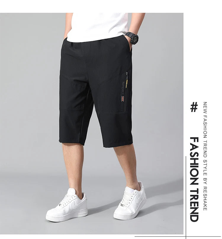 Mens Cargo Shorts - Knee Length Cotton Shorts With Zipper Pockets & Elastic Waist
