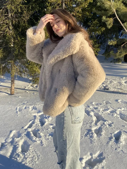 Faux Fur Women's Coat – Luxury Cropped Fluffy Jacket With Lapel Collar