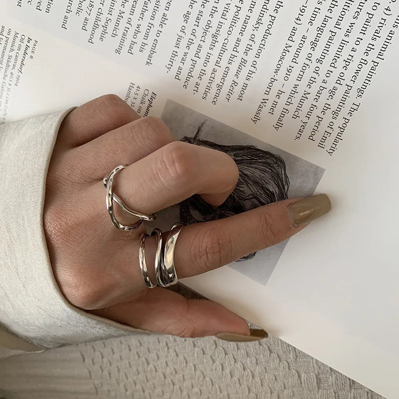 Sterling Silver Rings Adjustable Vintage Hip Hop Couples Silver Bands | Hollow Line Design