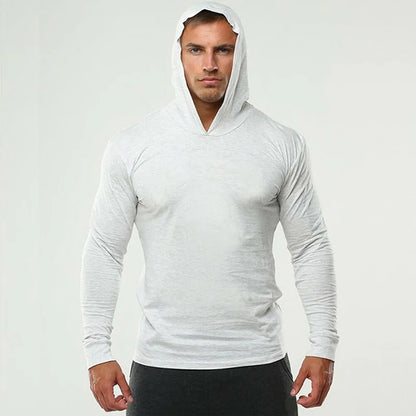 Solid Color Gym Clothing Long Sleeve Slim Fit Hooded T-Shirt Cotton Breathable Hoodie Mens Bodybuilding Fitness Muscle Sportwear