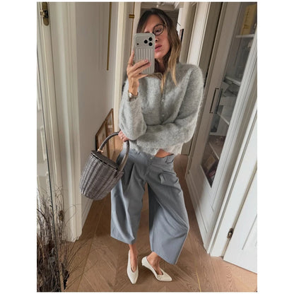 Solid Color Zipper Waist Cinching Casual Set Knitted Top Drawstring Straight Leg Pants 2-piece Sets 2026 Autumn Lady Daily Wear