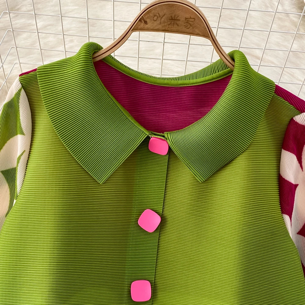 Miyake Pleated Drape Dress Women 2024 Spring Summer Colorblock Printing Lapel 3/4 Sleeve Single-breasted Fashion Shirt Dresses