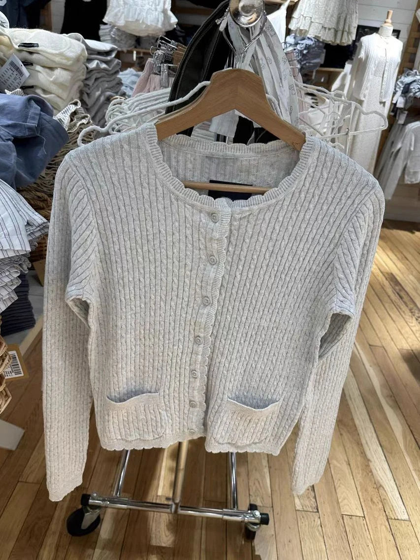 Pockets Twist Flower Knitted Sweater Cardigan O-Neck Single Breasted Long Sleeve Slim Sweaters Vintage Streetwear Gray Crop Tops