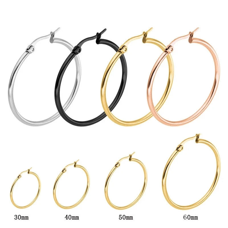 30-80mm Big Simple Classic Hoop Earrings For Women Girls Circle Stainless Steel Earrings Gold Silver Color Round Earings Gift