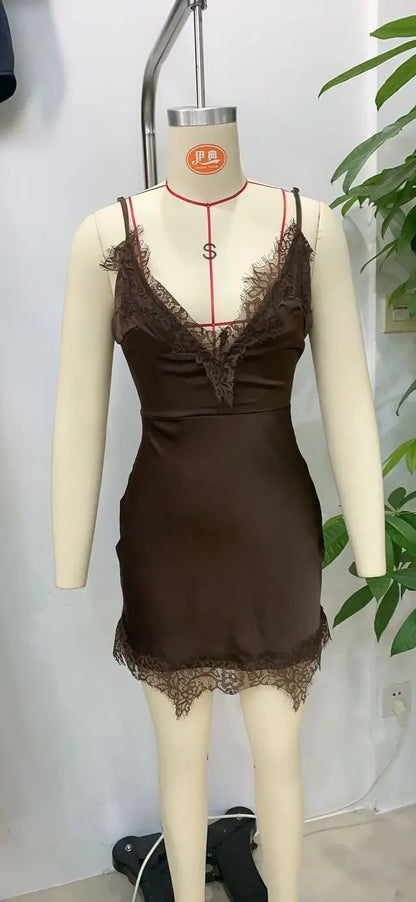 Women Lace Cami Dress - Sleeveless V Neck Mini Summer Dress | Slim Fit Polyester