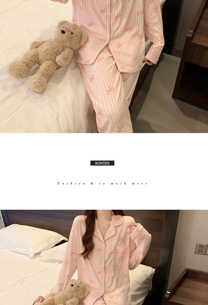 Pink Bow Dtie Pajama Set - Womens Long Sleeve Top  Elastic Waist Pants Harajuku Style Home Wear - ZOOMNSTORE