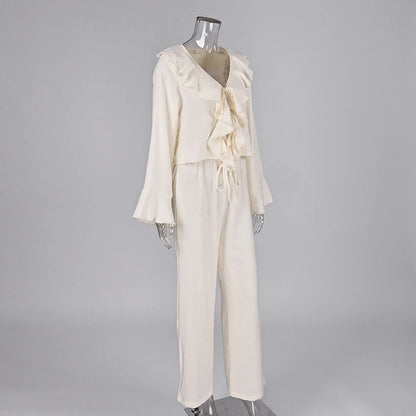 Linad Casual Loose Apricot Outfits Fashion Ruffles Flare Sleeve Blouse With High Waist Pant 2 Piece Sets Summer Long Pants Suits