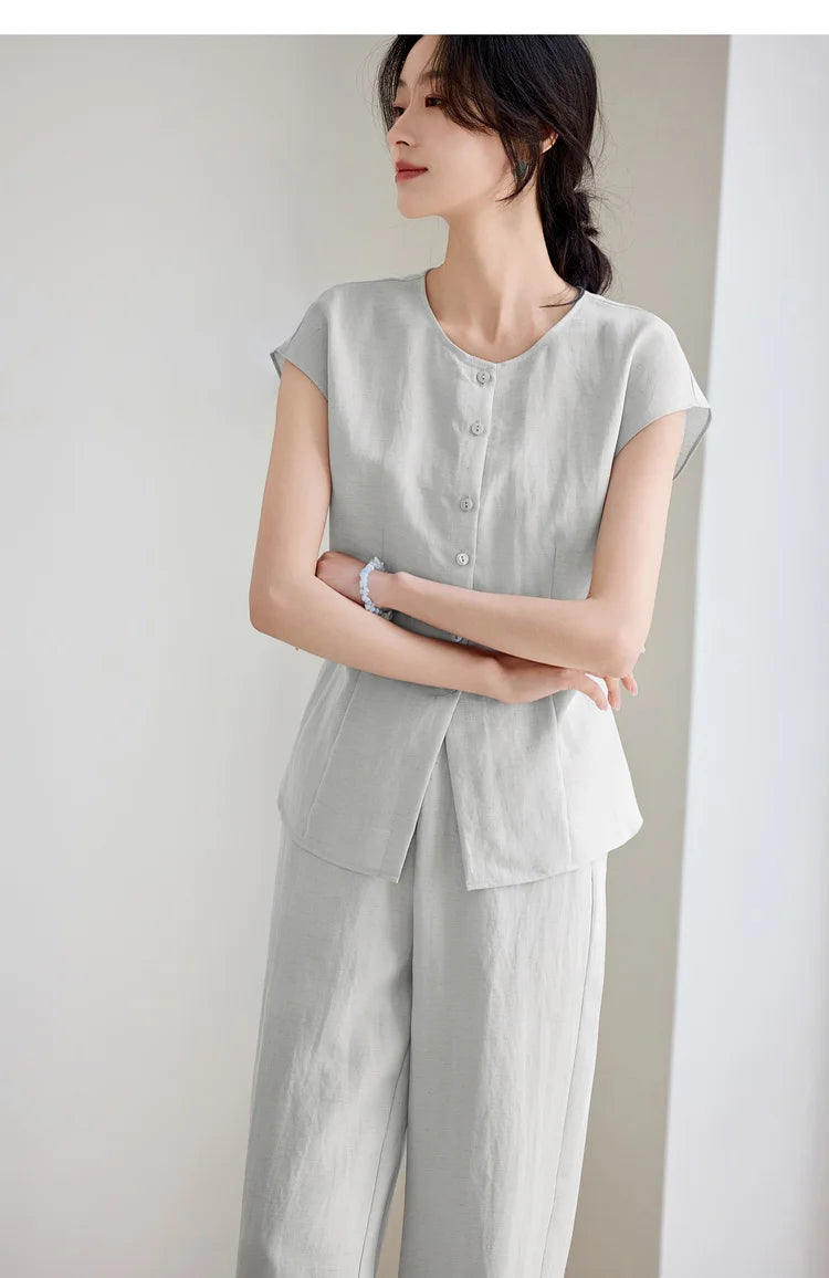 SENTUBILA Women's Linen Trouser Suit Summer Two Pieces Matching Set Women Button Shirt Straight Pant Sets 2026 Outfits 152ZA0094