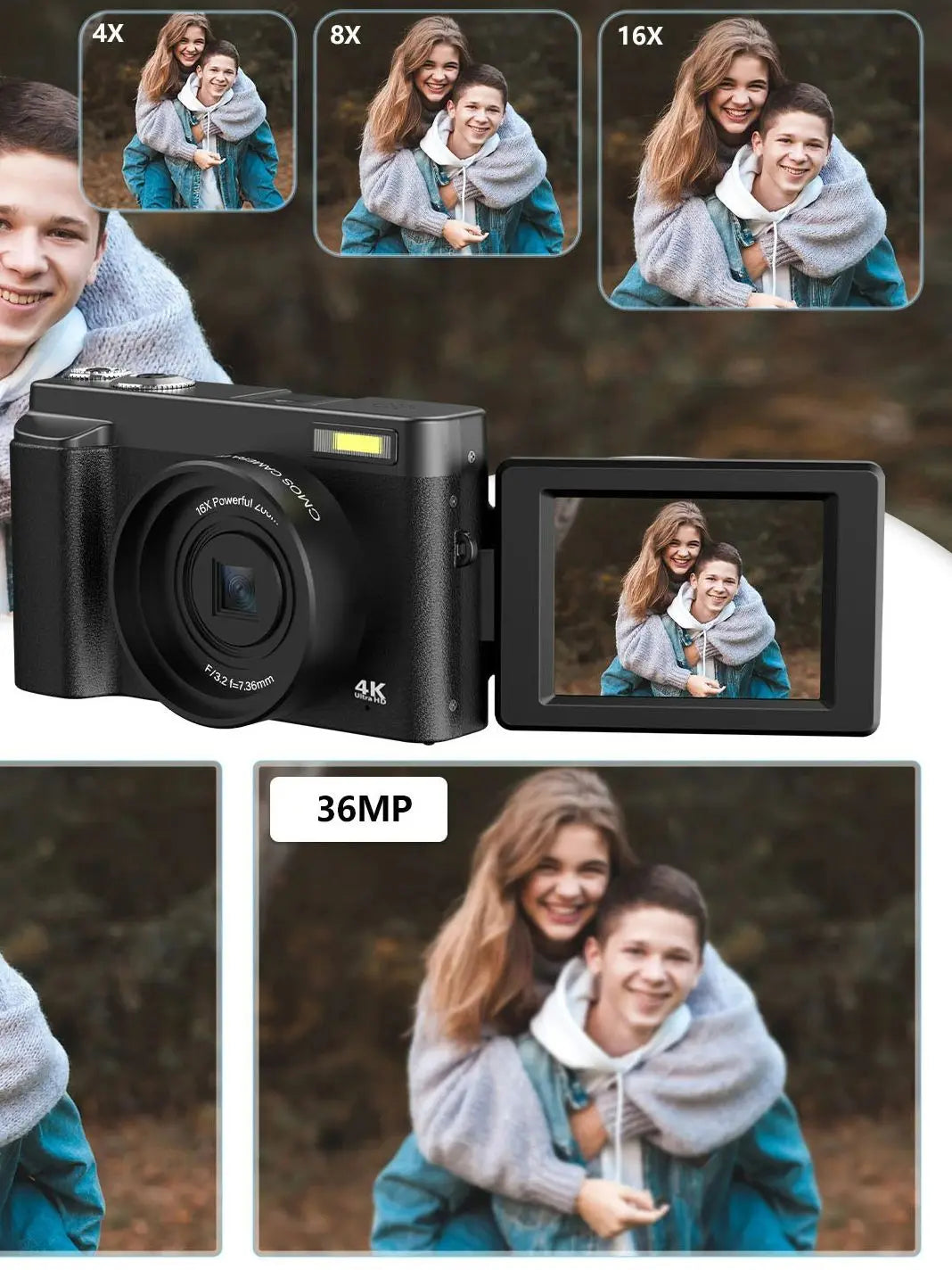 4K Digital Camera - 48MP Compact Flip Screen Camera With Autofocus & Pause Recording