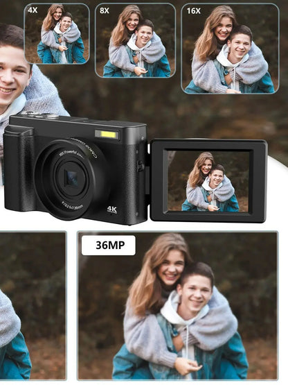 4K Digital Camera - 48MP Compact Flip Screen Camera With Autofocus & Pause Recording