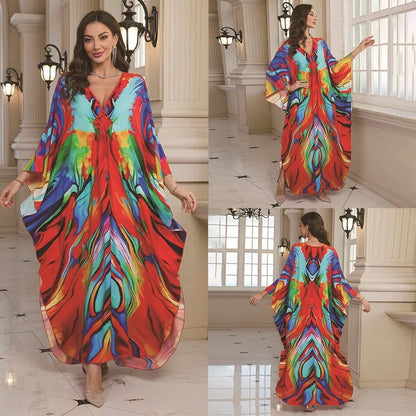 Kaftan Dresses for Women Wave Neck Swimsuit Cover Up Caftan Dress Plus Size Oversized Long Beach Dress