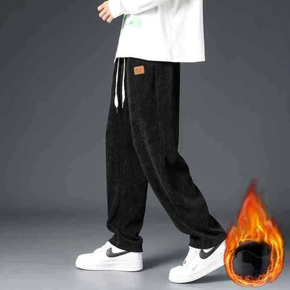 Winter Thick Warm Corduroy Sweatpants Men Fleece Liner Drawstring Straight Loose Track Pants Male Casual Fleece Thermal Trousers