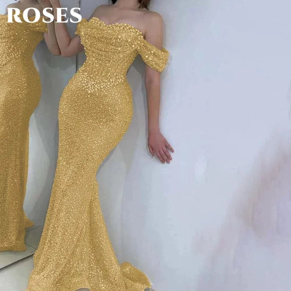 Prom Dress Off Shoulder - Custom Mermaid Trumpet Gown With Pearls & Sequins