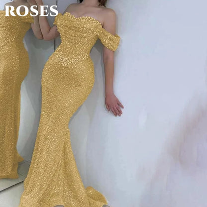 Prom Dress Off Shoulder - Custom Mermaid Trumpet Gown With Pearls & Sequins
