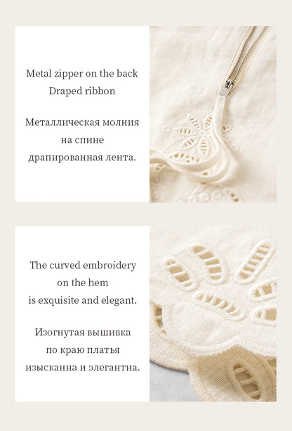 FSLE【Premium Series】Summer Women Linen Two Piece Set Cut-Out Embroidered Sleeveless Top Midi Skirt Boho Beach Vacation Style