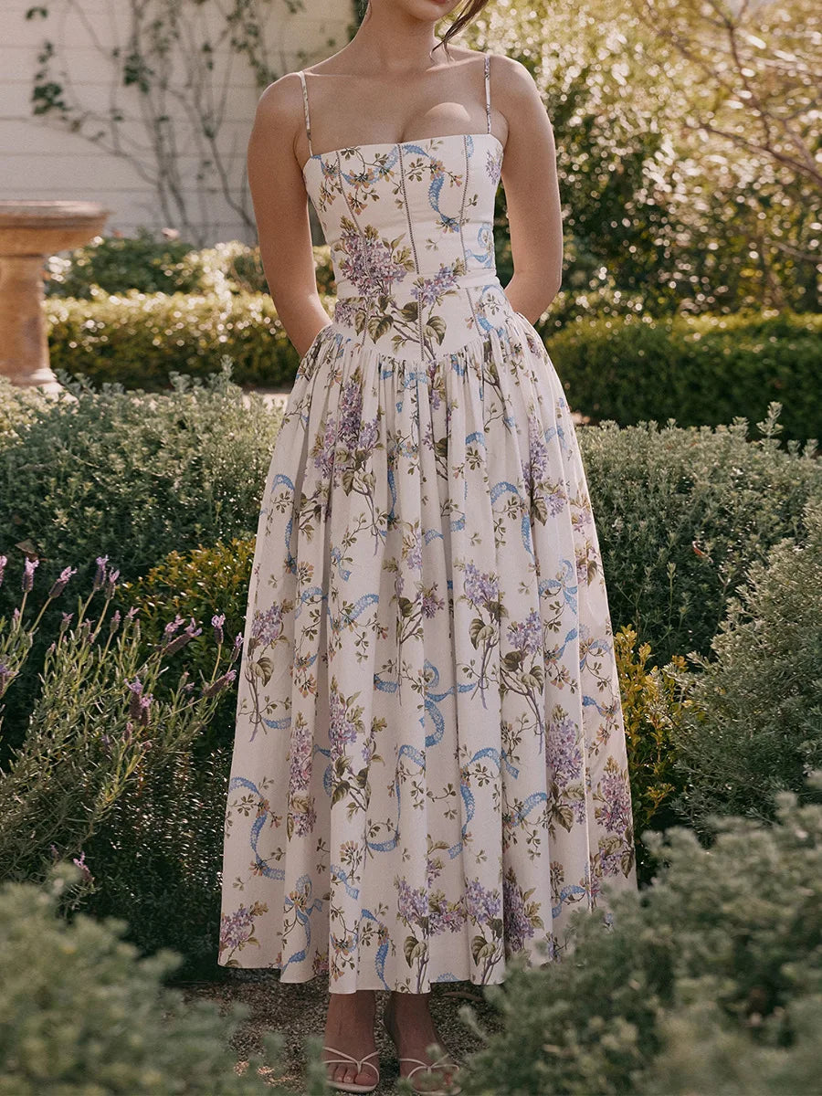 Summer Midi Dress - Women's Floral Print Elegant Camisole Fit and Flare Holiday Dress