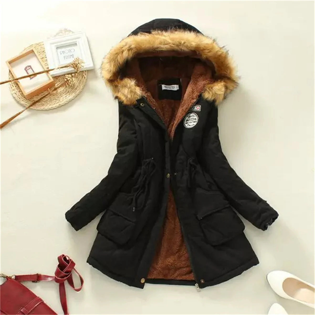 Women Winter Jacket - Fleece Lined Puffer Coat With Hooded Zipper Closure